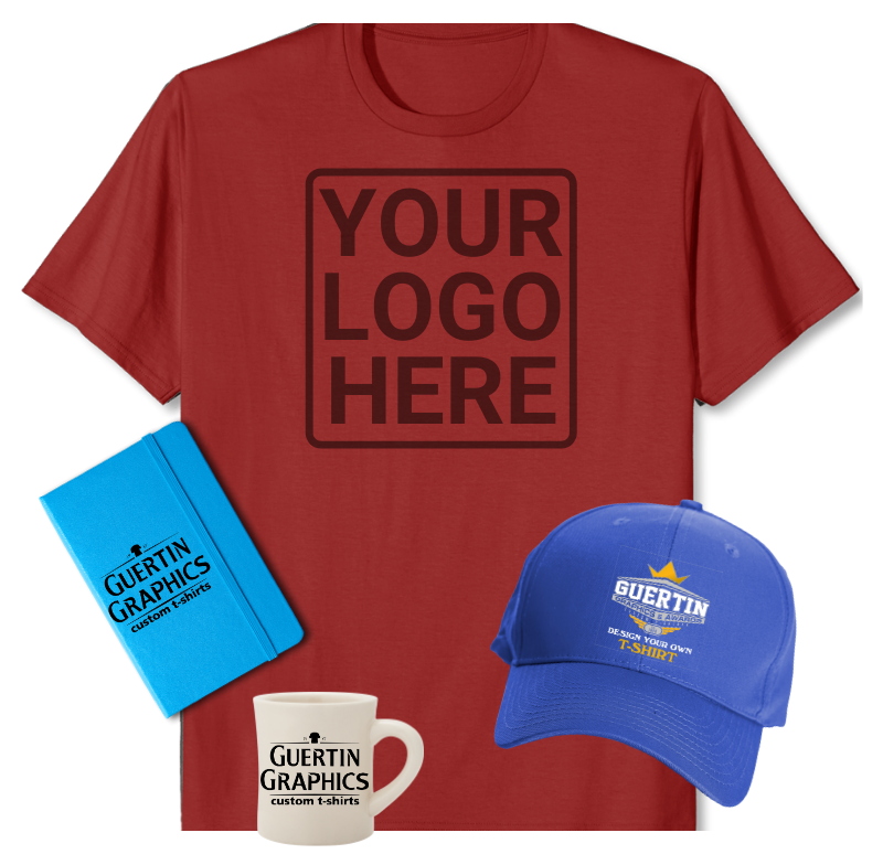 Guertin Graphics red custom t-shirt with "Your Logo Here" printed on front