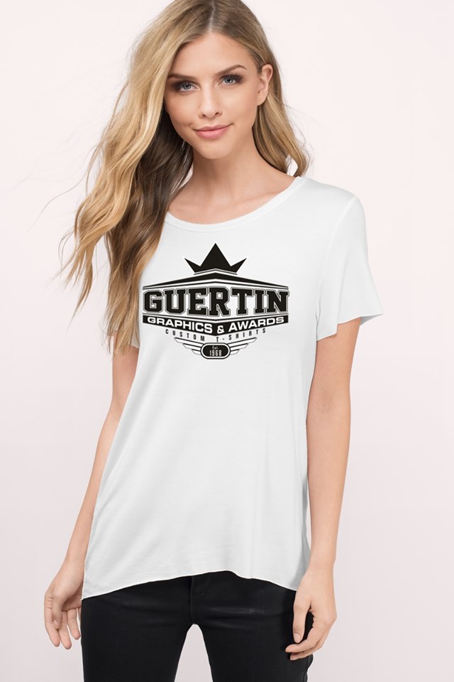 Girl wearing white Guertin Graphics T-shirt