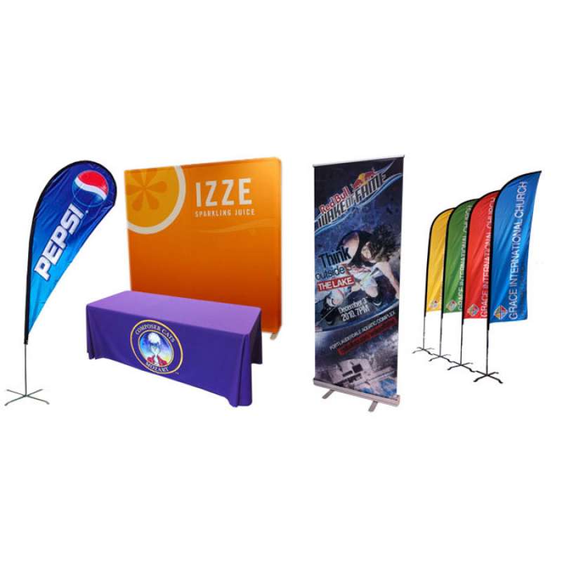 fabric table covers advertising Izze and Pepsi beverage companies